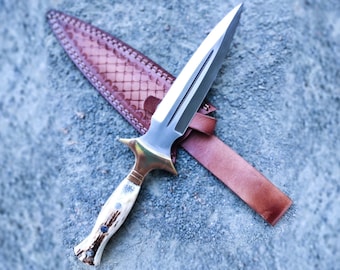 Handmade Damascus Knife with Deer Horn Handle, Tactical, Bushcraft Knife Camping Gift for Husband, Gift for him, Custom Hunting Knife Bowie