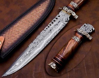 Handmade Damascus Bowie Knife with Leather Sheath: Camping, Hunting