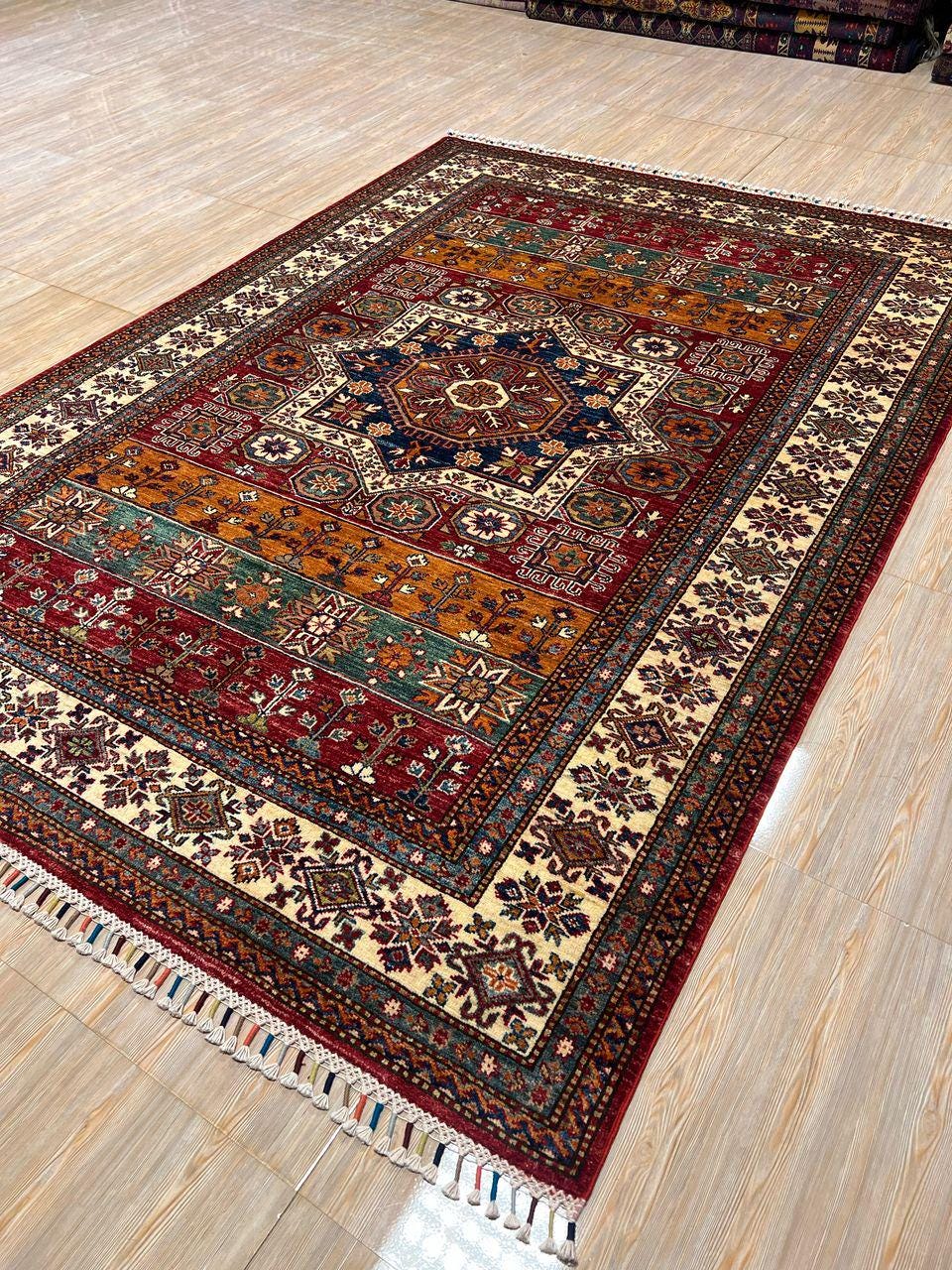Large Afghan Handmade Wool Rug – 2x3 Meter (6.5x10 ft) Oriental Tribal Bukhara Carpet, Vintage Boho Area Rug"