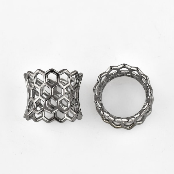 Honeycomb Sterling Silver Ear Plugs Ear Stretchers Double Flare Plugs Silver Black Plated Plugs Wedding Plugs Ear Gauges
