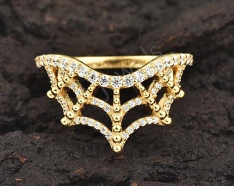 Moissanite Web Crown Band, Sterling Silver Chevron Wedding Ring