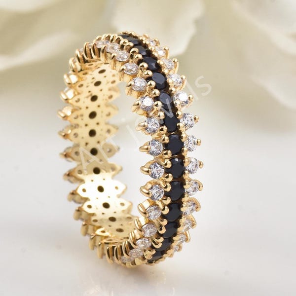 Black Onyx Sterling Silver Eternity Band, Stackable Anniversary Ring