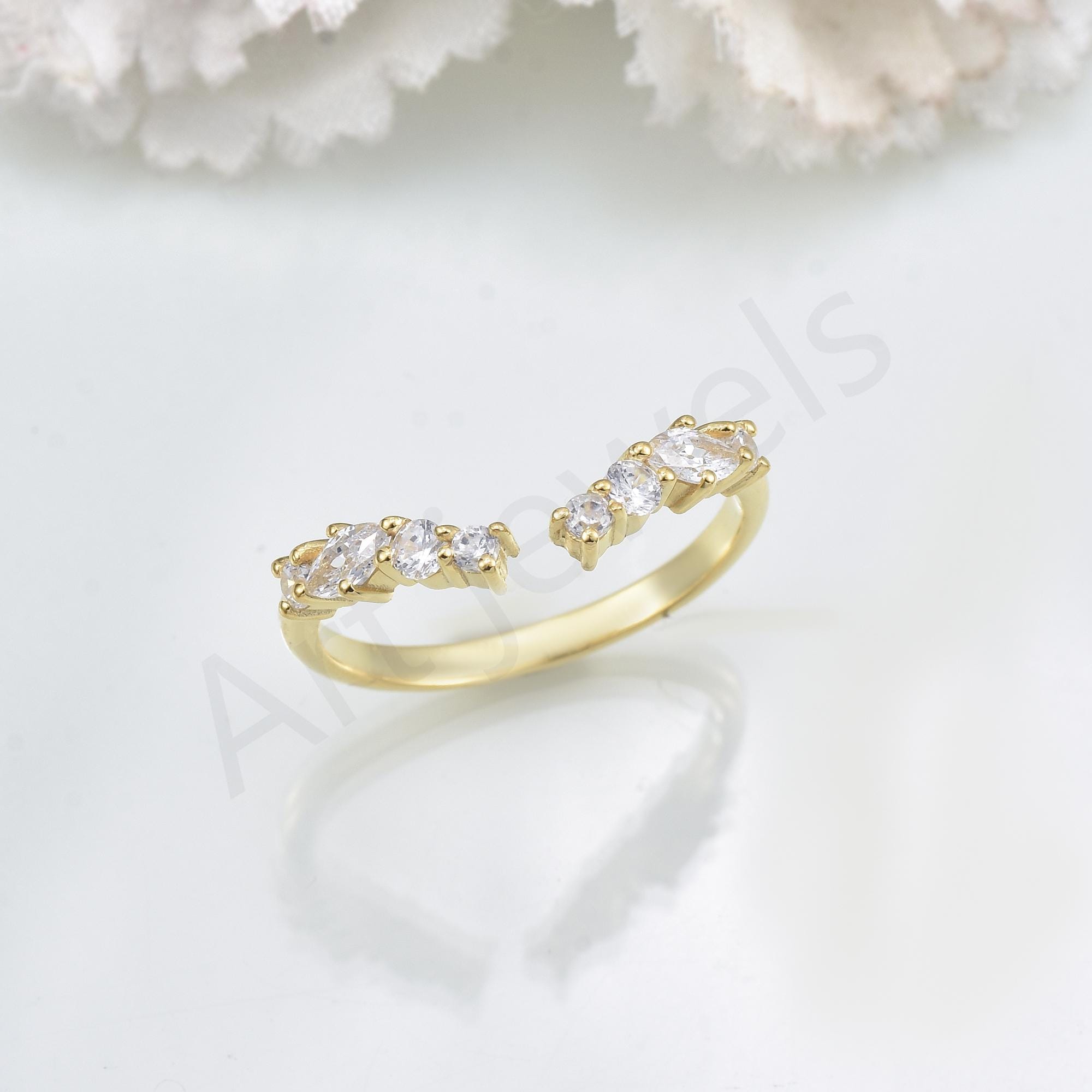 Open Sterling Silver Wedding Band, 14k Gold Plated Cubic Zirconia Ring ...