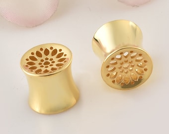 Gold Plated Sterling Silver Gauges: Floral Ear Plugs (Pair)