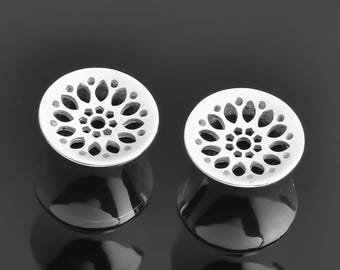 925 Sterling Silver Floral Tunnel Plugs: Handmade Double Flare
