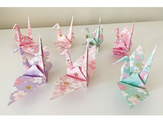 Free Shipping 7 Large Origami Cranes in Japanese Cherry Blossom sakura  Pattern Origami Paper for Weddings, Happiness, Good Luck & Health 