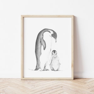 Printable wall art Instant Download Pencil Drawing Penguin Lover Gift Nursery Print Family Love Mothers Love image 1