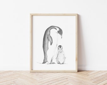 Printable wall art | Instant Download | Pencil Drawing | Penguin Lover Gift |  Nursery Print |  Family Love |  Mother’s Love