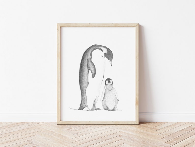 Printable wall art Instant Download Pencil Drawing Penguin Lover Gift Nursery Print Family Love Mothers Love image 1