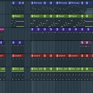 May include: A screenshot of a digital audio workstation (DAW) showing a music track with multiple instrument parts, including melody, base, hat, accent, snare, and drum. The track is divided into 16 bars, with each bar containing 4 beats. The instruments are arranged in a vertical column, with the melody at the top and the drum at the bottom. The track is filled with notes, indicating that the music is being composed.
