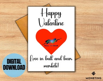 Printable Valentine's Card Bull and Bear, Digital Valentines, DIY Card, Instand Download, DIGITAL Valentines Card Day-Trader, 5x7" Card