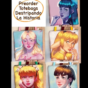 Pode incluir: Uma coleção de sacolas com ilustrações coloridas de retratos estilizados. Cada sacola tem um retrato diferente, com diferentes cores e estilos de cabelo. As sacolas têm alças de cores diferentes e o texto "Preorder Totebags Destripando La Historia" está na imagem.