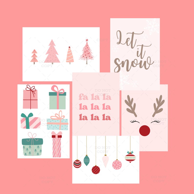 May include: A set of printable Christmas cards featuring pink and green illustrations. The cards include images of Christmas trees, presents, ornaments, reindeer, and the text "Let it snow" and "fa la la la".
