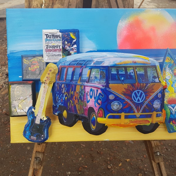 Blue Love Bulli  3D Pop Art Installation auf Leinwand in Licht und Schatten VW Bus Samba Bus T1 Surfen Classic Rock Musik Bob Marley Stones