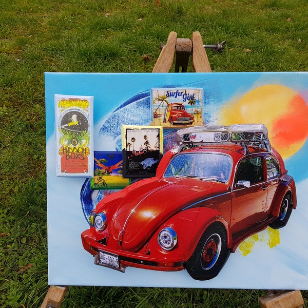 Der VW Käfer Der Herbi . Ein Kult aus einer anderen Zeit .  3 D Pop Art  Installation auf Lenwand in Licht und Schatten .