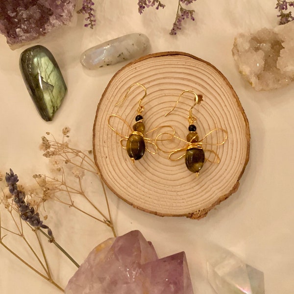 Bee Wire Wrapped earrings | natural tiger’s eye and agate|