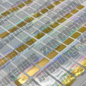 Echt gemaakt in de EU-kaart holografisch veiligheidslabel ongeldige stickers goud + zilver 12 x 30 mm