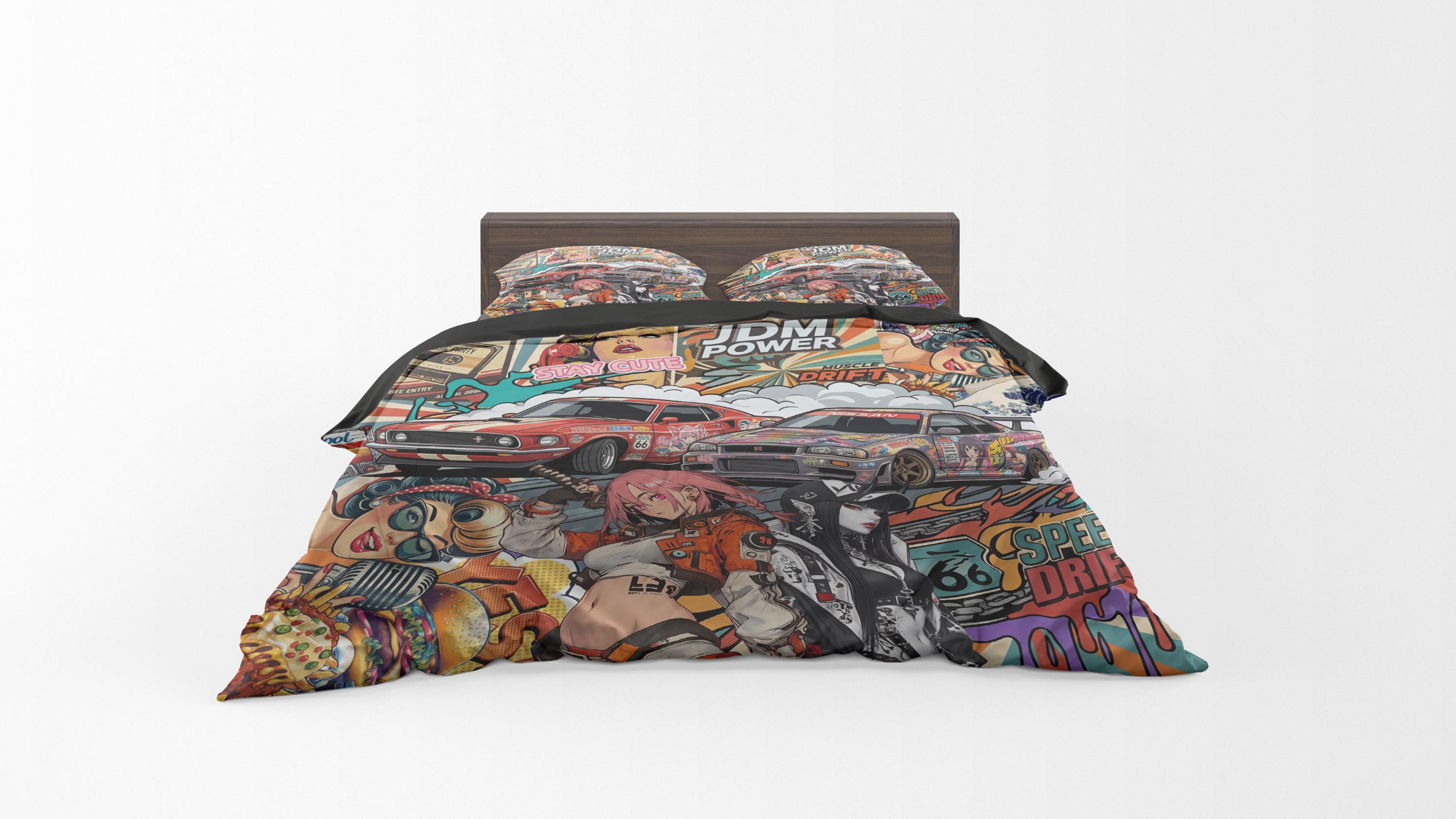 Collage JDM Muscle Cars Retro 70s Sticker Bomb Duvet Cover & Pillowcase ...