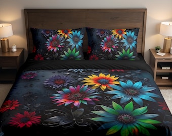 Beautiful Black & Colorful Modern Flower Floral upwork Art Duvet Cover / 2 Pillows Case Bed Set (Twin,Double,Queen,King,California King)