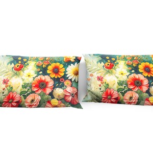 May include: Two rectangular throw pillows with a vibrant floral pattern. The design features a watercolor style with red poppies, yellow daisies, and other colorful flowers against a green background. The pillows are set against a white background.