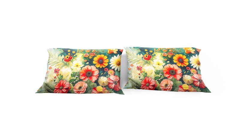 May include: Two rectangular throw pillows with a vibrant floral pattern. The design features a watercolor style with red poppies, yellow daisies, and other colorful flowers against a green background. The pillows are set against a white background.