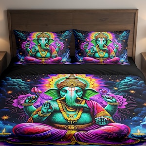 May include: Bedding set featuring a vibrant illustration of the Hindu deity Ganesha in a meditative pose. The design includes a colorful palette of blues, purples, and greens, with intricate details and a spiritual theme. Includes two pillowcases and a duvet cover.
