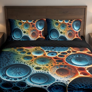 Pu&ograve; includere: Set di biancheria da letto con un motivo astratto. Il copripiumino e le federe presentano forme circolari blu, arancioni e gialle su sfondo nero. Il set offre un'estetica moderna e visivamente accattivante.
