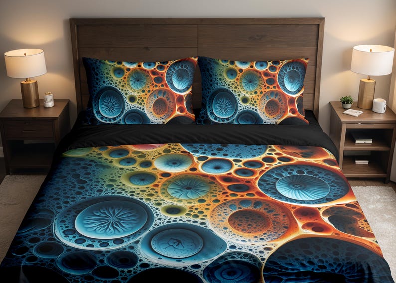 Pu&ograve; includere: Set di biancheria da letto con un motivo astratto. Il copripiumino e le federe presentano forme circolari blu, arancioni e gialle su sfondo nero. Il set offre un'estetica moderna e visivamente accattivante.