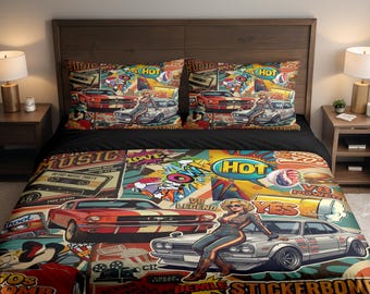 Juego de cama con funda nórdica y funda de almohada con diseño retro de collage de coches clásicos japoneses y arte pop de los años 70.