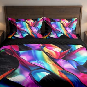 May include: A bed with a black duvet cover and two pillowcases. The bedding features a vibrant, abstract design with flowing shapes in shades of pink, blue, yellow, and orange. The bed is set against a dark wooden headboard.