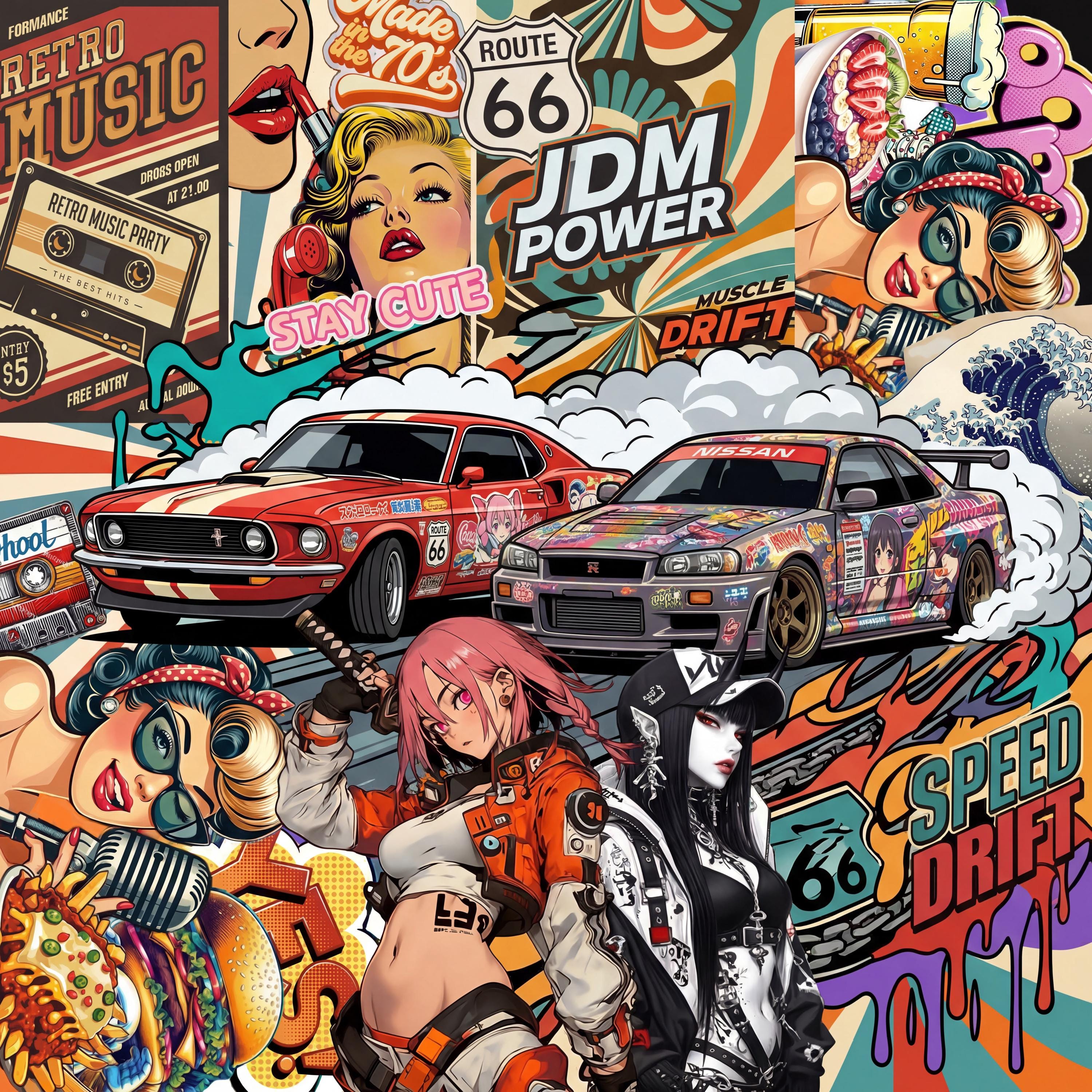 Collage JDM Muscle Cars Retro 70s Sticker Bomb Duvet Cover & Pillowcase ...
