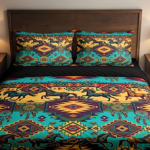 May include: A bed with a colorful southwestern-style comforter and pillowcases. The bedding features a repeating pattern of running horses, geometric shapes, and dream catchers in shades of turquoise, yellow, and purple.