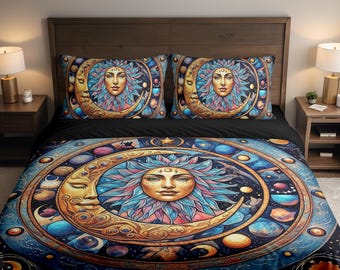 Set di biancheria da letto con copripiumino e federa, motivo Sole, Luna e Pianeta Cosmico, Boho (singolo, matrimoniale, matrimoniale, king size, California King).