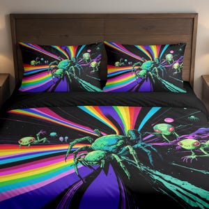 May include: A black bed set featuring a vibrant, psychedelic design. The duvet cover and pillowcases display a large, green spider with a rainbow background and other alien-like creatures. The bedding set is a unique, artistic statement.
