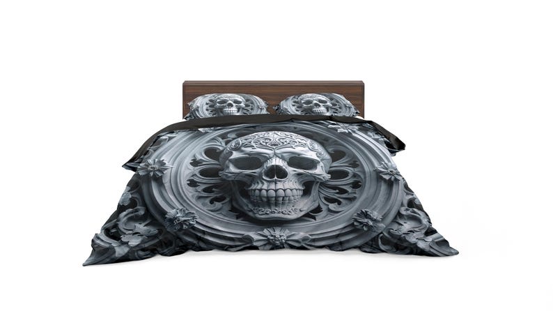 May include: A bed with a dark wooden headboard and a skull-themed bedding set. The duvet cover and pillowcases feature a detailed skull design in shades of gray and black, creating a gothic aesthetic.