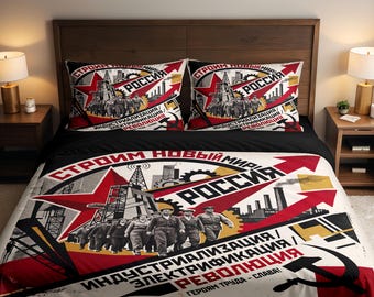 Set di lenzuola sovietico con poster di propaganda, Russia, socialismo, URSS, industrializzazione. Copripiumino disponibile nelle taglie USA, Regno Unito e Australia.