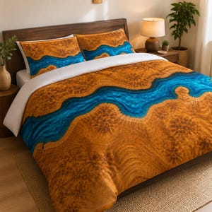 May include: A bedding set featuring a duvet cover and two pillowcases with a printed design of a flowing blue river cutting through a textured brown burl wood pattern. The bedding is displayed on a bed with a dark wooden headboard and white pillows.