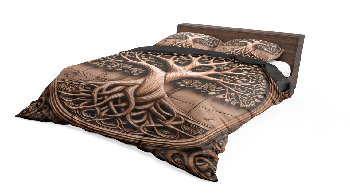 Viking Celtic Tree of Life Roots Wood Carving Art Duvet Cover/2 Pillows ...