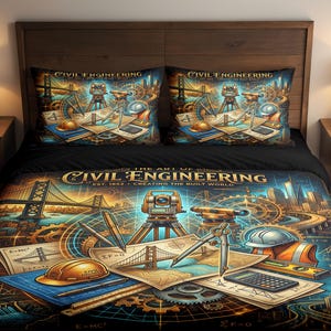 May include: A bed set featuring a duvet cover and two pillowcases with a Civil Engineering theme. The design includes blueprints, surveying equipment, and a cityscape. The text "The Art of Civil Engineering" is displayed prominently.