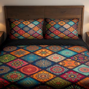 Boho Mandala Patchwork Bedding, Bohemian Floral Pattern, Eclectic Tribal Art Decor, Duvet Cover & Pillowcase Set