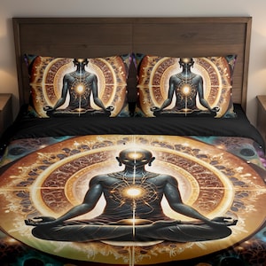 May include: Bedding set featuring a meditating figure in a lotus position, radiating light from the chest. The design includes a circular pattern with warm colors and cosmic elements. Includes two pillowcases and a duvet cover.
