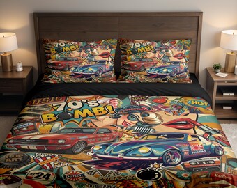 Juego de cama con funda nórdica y funda de almohada con diseño retro de coches deportivos de los años 70: tallas de EE. UU./Reino Unido.