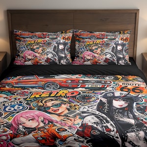 Anime Mädchen Retro mustern Route 66 Sticker Bomb Bettwäsche und Kissenbezug