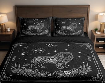 Juego de cama con funda nórdica y funda de almohada con diseño floral celestial del signo zodiacal Leo, horóscopo astrológico y león.