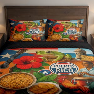 May include: A colourful Puerto Rico-themed duvet set with matching pillowcases. The design includes a guitar, red hibiscus flowers, a green frog, and the words "Puerto Rico". The set is designed for a double bed.