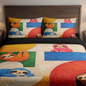 Può includere: Un set di biancheria da letto colorato con un design di bradipi. Il set include un copripiumino e due federe. Il design presenta bradipi in vari colori, tra cui arancione, blu e rosa, su forme geometriche.