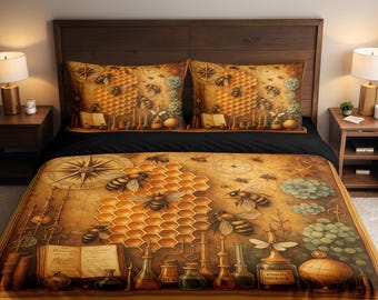 Set da letto vintage con copripiumino e federa a nido d'ape: biancheria da letto scientifica, set botanico con api e miele, idea regalo.