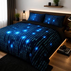 Cyber Glow Duvet Cover Set: Pillowcase Tech Bedding, Gamer Blue Binary Code Hacker Geek Bedroom Quilt Futuristic Decor Gift (3-Piece)