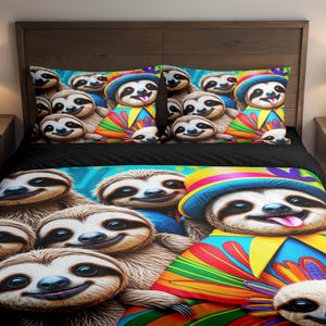 Può includere: Un set di biancheria da letto colorato con un allegro design di bradipi. Il set comprende un copripiumino e due federe, tutti adornati con bradipi sorridenti con cappelli e abiti colorati. La biancheria da letto è su un letto nero.