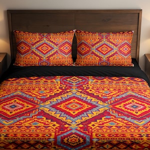 May include: A bed with a patterned comforter and two matching pillowcases. The bedding features a geometric design in red, yellow, and blue. The bed has a dark wooden headboard and is flanked by two nightstands with lamps.
